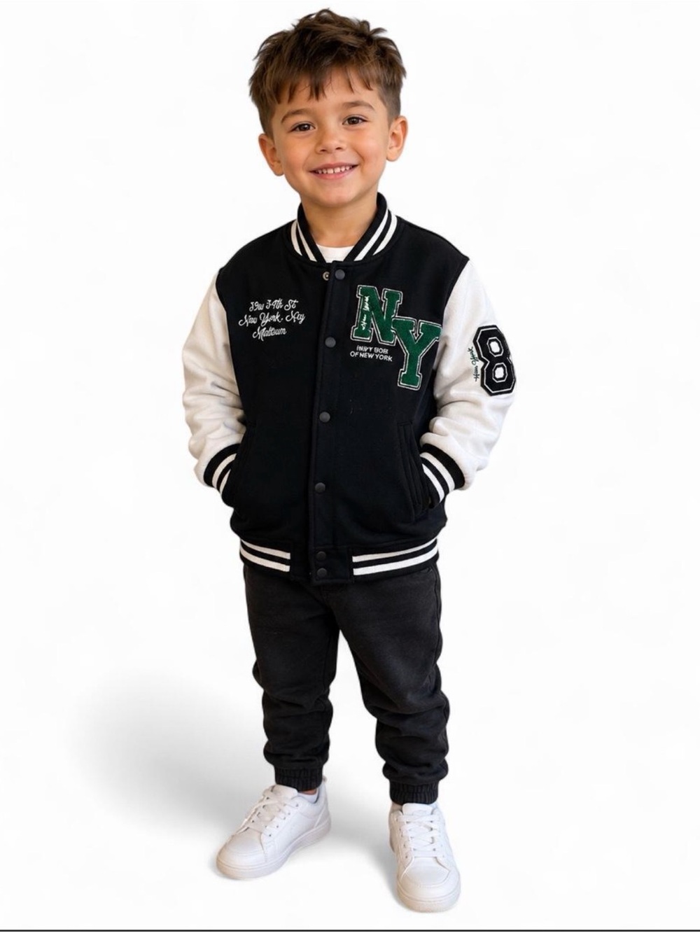 Zara Black & White Varsity Jacket with Green NY Patch